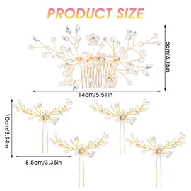 5 Pieces Wedding Hair Comb,Bridal Flower Side Hair Clips,Gold Bride Hair Accessory,Pearl Crystal Rhinestone Wedding Hair Comb And Hair Pins for Brides Bridesmaids Women