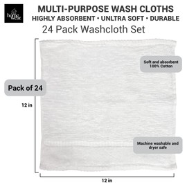 Homewear Washcloths Set - 100% Cotton, Pack of 24, Premium Quality, Flannel Face Cloths, Highly Absorbent and Soft Feel Fingertip Towels- White, Grey, Black