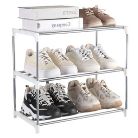 Fouews Small Shoe Rack, Narrow Stackable Shoe Shelf Organizer for Entryway, Doorway and Bedroom Closet (3-Tier, White)