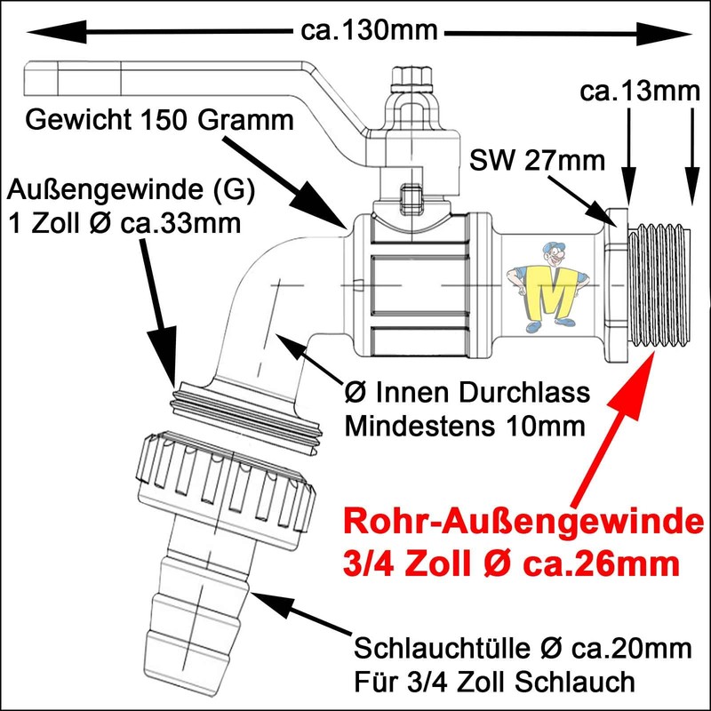 Brass Water Butt Feedthrough with Outlet Tap and Hose Nozzle