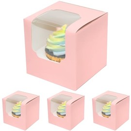 qiqee Pink Cupcake Boxes Individual Cupcake Container 25pcs 3.5" x 3.5" x 3.5" Auto-Pop up Single Cupcake Boxes (25 Boxes+25 Inserts)