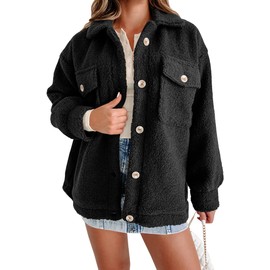Misng Women's 2023 Faux Shearling Shaggy Oversized Shacket Jacket Long Sleeve Casual Winter Lapel Button Fuzzy Coats