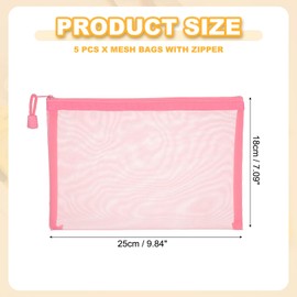 PATIKIL A5 Mesh Zipper Pouch Bags, 5 PCS Mesh Bags with Zipper Plastic Storage Pocket for Organizing File Beads Office Home Supplies, 18x25cm, Pink