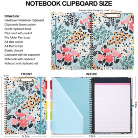 Spiral Clipboard Folio with refillable Lined Notepad for Letter Size Hardcover Foldable Clipboard with Storage 10 Pockets and Pen Loop Notebook Work Professional Nurse Teacher (Flower Blue)