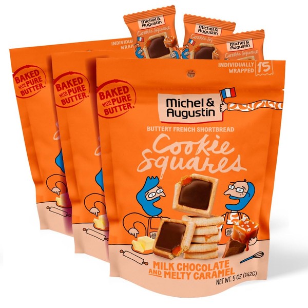 Michel et Augustin Gourmet Chocolate Cookie Squares | Milk Chocolate & Caramel | Individually Wrapped European Cookies | 3-Pack | 15 French Shortbread Cookies per Bag