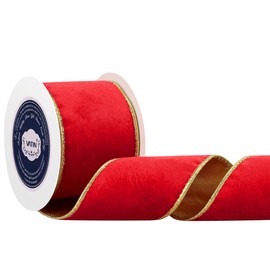 VATIN Red Velvet Wired Ribbon 2.5" Metallic Red Gold Velvet Christmas Ribbon for Floral Arrangements Wrapping Gifts Stylish Decor Creation -Continuous 5 Yards
