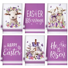 Preboun 6 Pcs Easter Towels Happy Easter Dish Towel Easter Tea Towel He is Risen Easter Decor Cute Sheep Spring Flowers Blessings Dishcloths for Bathroom Home Housewarming Decoration, 16 x 24 Inches
