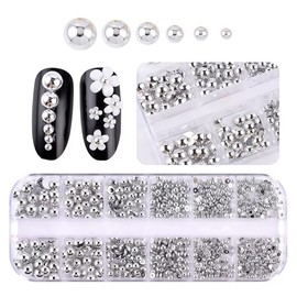 BBATT-HAPPY Silver Nail Charms and Gems for Acrylic Nails, Half Round Flatback Pearls Art Accessories, Jewels for Supplies Craft DIY