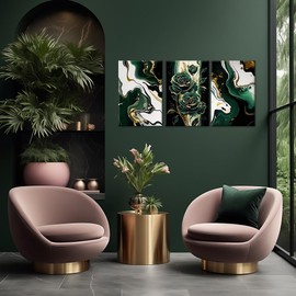 Emerald Green Wall Art Green and Gold Pictures Wall Decor Abstract Marble Paintings Rose Floral Prints for Living Room Bedroom Office Decor Framed(Abstract-1,16.00" x 24.00" x 3Pcs)