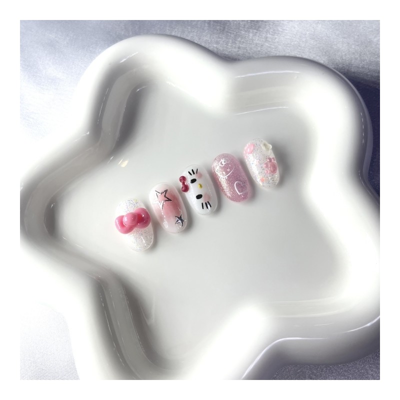 [Premium handmade embossed nail] Cutie pink cat - short oval