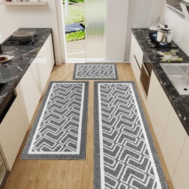 Non Slip Washable Kitchen Mats for Floor 3 Piece Set, Machine Washable Kitchen Rug Sets with Rubber Backing, Waterproof Kitchen Rugs Sets of 3 for Laundry Room, Hallway, Entryway, Bathroom