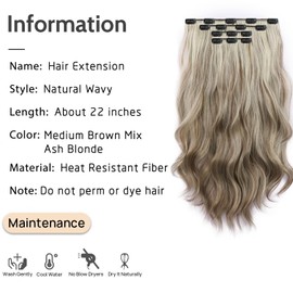 XIXISNOW Long Hair Clip in Extensions 4PCS Seamless Clips ins for Women Non-Weft Wavy Easy Hairpieces Charming Wave Synthetic Fiber 22 Inch Full Head Breathable Medium Brown mix Ash Blonde