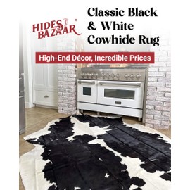 HIDES BAZAAR Black and White Area Rug Premium Cow Rug with Black and White Pattern for Home and Office - Classic Black and White Rug Made with Real Tanned Cowhide - Cow Hide Rugs 6x7 ft