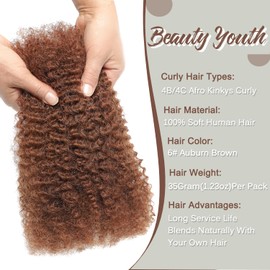 Beauty Youth 16Inch Afro Kinkys Bulk Human Hair 35g/Pack, Braiding Hair for Dreadlocks, Loc Repair, Twists, Dreadlock Extensions Auburn Brown