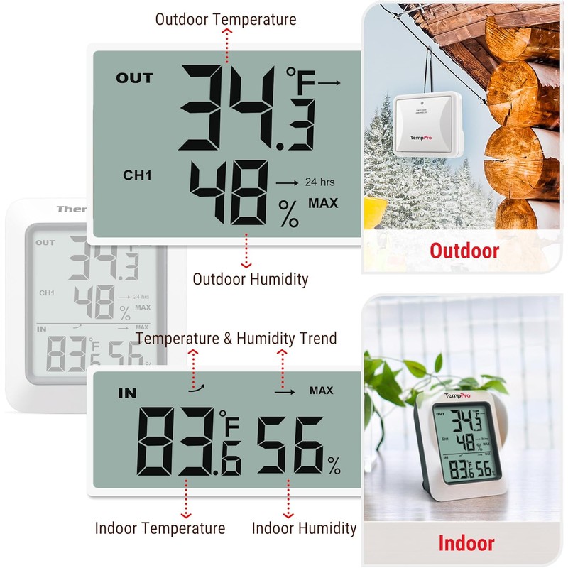 TempPro TP60-2 Digital Hygrometer Indoor Outdoor Thermometer Wireless Temperature and