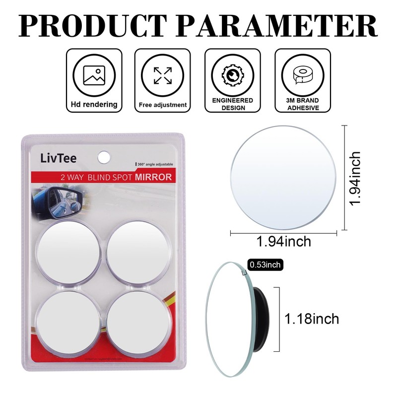 LivTee Blind Spot Mirror, 2" Round HD Glass Frameless Convex