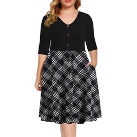 BEDOAR Women's Vintage Patchwork Pockets Puffy Swing Casual Party Plus Size Plaid Dresses(B004-Black Plaid-18W)