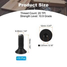 PATIKIL 1/4-20 x 3/4" Hex Socket Countersunk Screws Pack of 10 Carbon Steel Countersunk Screws with Hex Drive Full Thread Black Oxide Grade 10.9