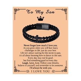 To My Son Bracelet from Dad Mom Gifts for Son Cross Black Leather Bracelet Inspirational Gift for Men Birthday Gifts for Him