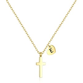 Tiny Cross Necklace for Little Kids Girls Heart Initial Necklace Christmas Gifts First Communion Baptism Gifts Birthday Gifts Stainless Steel Pendant Jewelry for Teens Children Women 18K Gold E