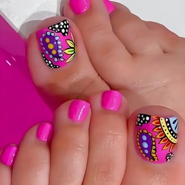 POWPOP Pink Press-On Toenails, Short Square, 24PCS, Full Cover, ABS Plastic, Reusable, Hot Pink Acrylic, Flower Totem Designs, DIY Nail Art, Wedding, Prom, Party