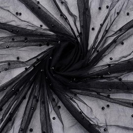 MAYJOYDIY 2.7 m Black Pearls Tulle Lace Fabric 150 cm Pearl Lace Tablecloth Table Runner Net Tulle Wedding Fabric Tulle Decorative Fabric with Pearl for Wedding Dress Bridal Veil Clothing Sewing DIY