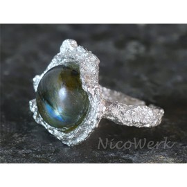 NicoWerk SRI658 Women's Silver Ring Labradorite 925 Sterling Silver Blue Stone Rustic Ice Matt Coarse Adjustable Open, Sterling Silver, Labradorite