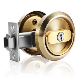 ZZBUY Pocket Door Lock with Key, Round Recessed Pocket Door Latch with Hidden Pull Ring, 2-3/8" Backset (1 Pack Gold)
