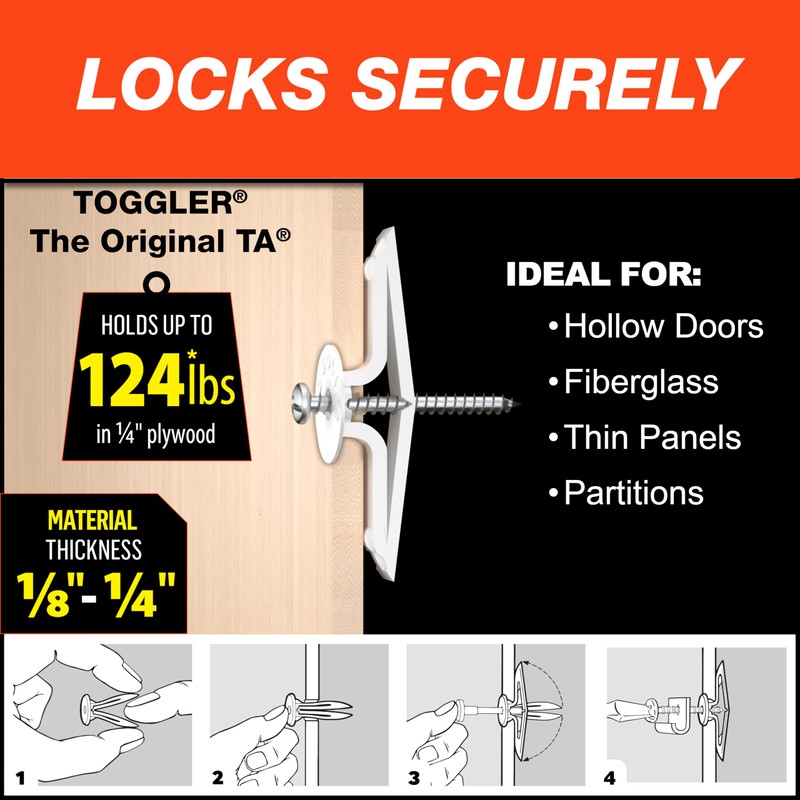 TOGGLER Toggle TA Hollow-Door Anchor with Screws, Polypropylene, Made in