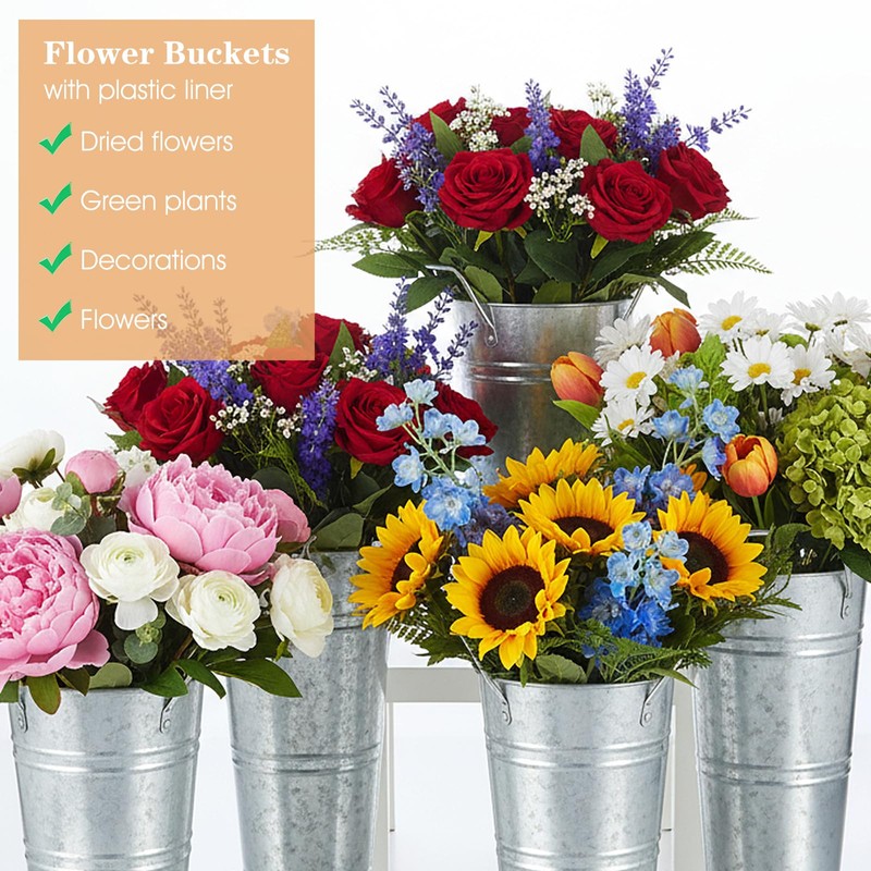 4Pcs Galvanized Metal Vases, 10 Inch, Rustic Tall Flower Buckets
