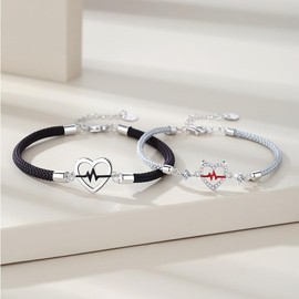 sunglnl Couples Bracelets, 2 Pcs Matching BF And GF Rhinestone Heartbeat Charm Bracelet Silver Black Permanent Love Wrap Copper Bracelets Set For His And Hers Jewelry Gift (Couples)