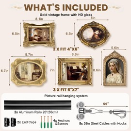 Lineshading Exhibit Picture Frame Gallery System Set of 5, Gold Vintage Adjustable Hanging Photos Display Collage Wall Decor, Resin Baroque Photo Frame Fit 4x6, 5x7 Included Installation Accessories