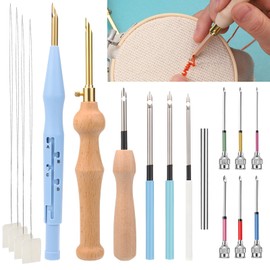 Fomiat 17 Pieces Embroidery Starter Kit Punch Needle Kit Adjustable Punch Needle Tool Wooden Handle Embroidery Pen Punch Needle Cloth Punch Needle Set for Embroidery Thread Cross Stitch Beginners (17)