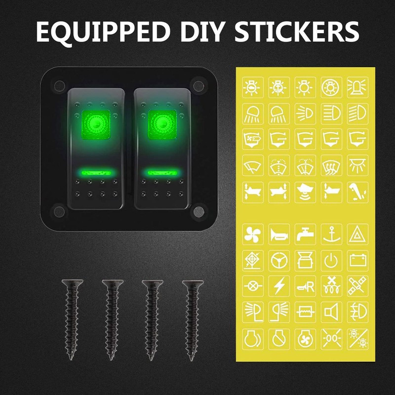 2 Gang Rocker Switch Panel 12‑24V Green LED Universal for