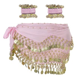Belly Dance Hip Scarf with Bracelet, 128 Coins Belly Dance Skirt Wrap Belt with Wrist Ankle Bracelets, Dance Skirt Belt Waist Chain for Belly Dance, Zumba or Yoga Class, Performance Costume