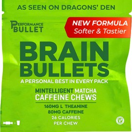 160mg L-Theanine + 80mg Caffeine Chews – Mint Matcha Flavour, Increases Productivity, Mental Clarity, Alertness | 2 Pack - 8 Servings | Brain Bullet | Energy Gum & Focus Supplement Upgrade