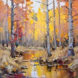 ACEO Card forest in the Fall with a meandering stream running through it