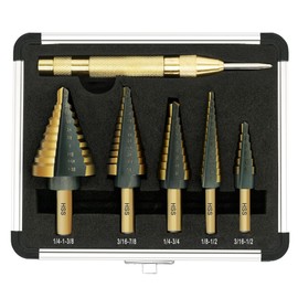 GMTOOLS Step Drill Bit Set - Black and Gold, 6 Pcs High Speed Steel Unibit Drill Bits, Stepped Up Bits & Automatic Center Punch, DIY Lovers with Aluminum Case, Total 50 Sizes for Metal