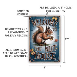 Welcome To The Nut House Sign – 8x12 Vintage Squirrel Metal Wall Art, Funny Rustic Autumn Decor, Blue Fall Tin Plaque With Leaves