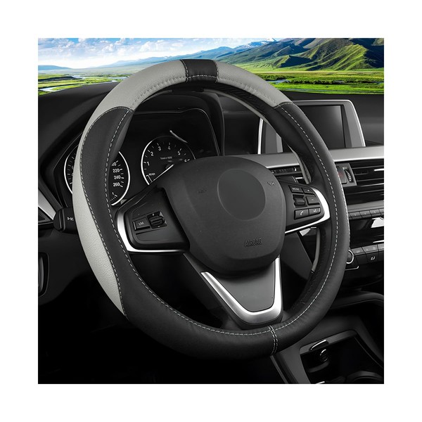 JNNJ Car Steering Wheel Cover, Microfibre Leather Steering Wheel Cover, Sport Non-Slip Universal Steering Wheel Cover, Breathable, Protective Interior Accessories for Women (Black/Grey)