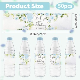 URROMA 50Pcs Blue Floral Wedding Water Bottle Labels Flowers Pattern Bottle Stickers Drinks Wrappers for Bridal Shower Party Favors Decor Supplies