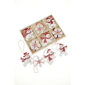 Christmas Tree Decorations - Wooden Painted Snowman and Star - Set of 12 (PEA070)