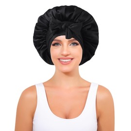 Silk Bonnet 100% Mulberry Hair Bonnet for Sleeping Women Hair Wrap with Elastic Band Sleep Night Cap(Black)