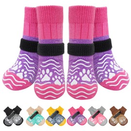 PUPTECK Anti Slip Dog Socks, Shoes with Grippers to Prevent Licking Hardwood Floors Traction, Rubber Boots & Paw Protectors for Small Medium Large Dogs Cold/Hot Pavement, Senior Dogs Booties Purple