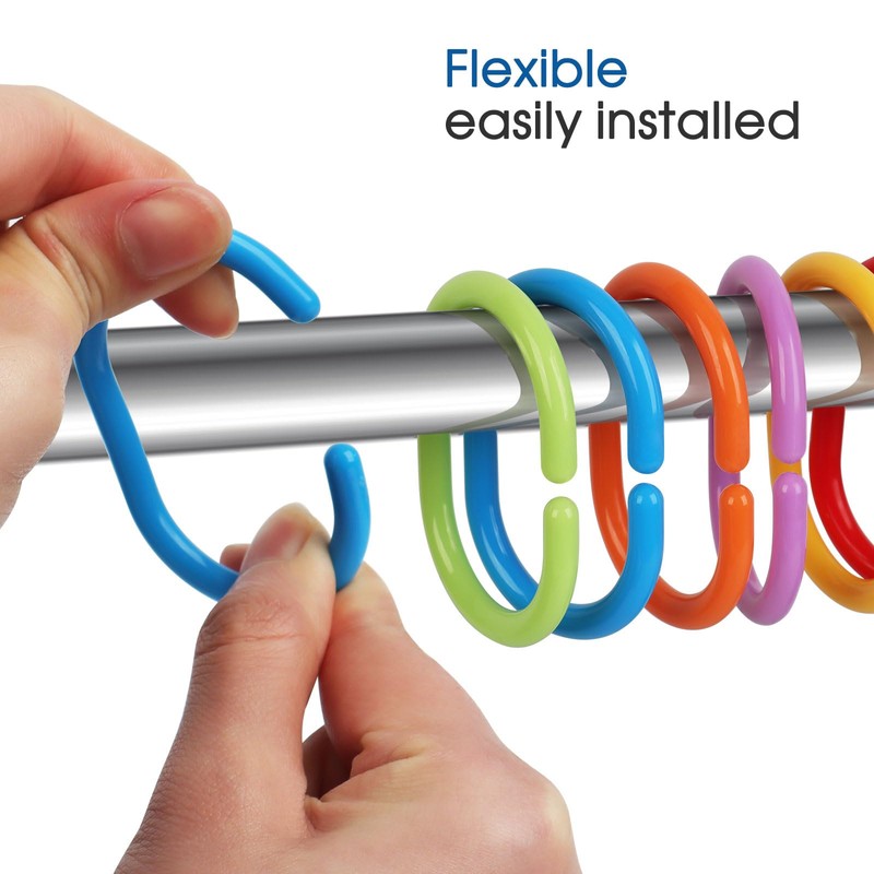 Top-spring Plastic Shower Curtain Rings 24 Pack C Shape (Colorful)