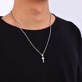 Fiusem Cross Necklace for Men, Silver Tone Mens Cross Necklaces with 2.5mm Cross Chain, 316L Stainless Steel Cross Pendant Tiny, Wheat Chain 22"