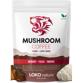 LOKO nature Tiger 2 Mushroom Coffee- Organic Lions Mane and Chaga Mushroom with Arabica Coffee, 30 Servings, Memory, Focus, Immune System Booster, Vegan, Non-GMO and Great Taste