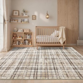 LUXLOOM Washable 5x7 Soft Plaid Traditional Tartan Area Rug - Non Shedding, Non Slip, Stain Resistant, for Living Room, Bedroom, Nursery, Office - Beige