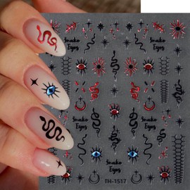 Snake Nail Stickers - 3D Bronzing Red Love Snake Laser Silver Black Snake Cartoon Star Moon Eye Heart Nail Design Shiny Cross Starlight Nail Stickers Manicure Gothic Charms Decal for DIY French Decor