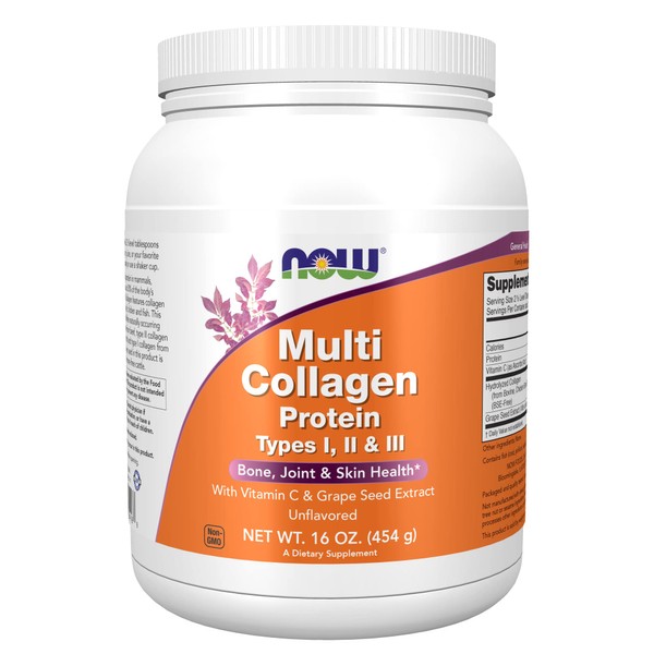 NOW Supplements, Multi Collagen Protein Types I, II & III Powder, Bone, Joint, and Skin Health, 16 oz (454 g)